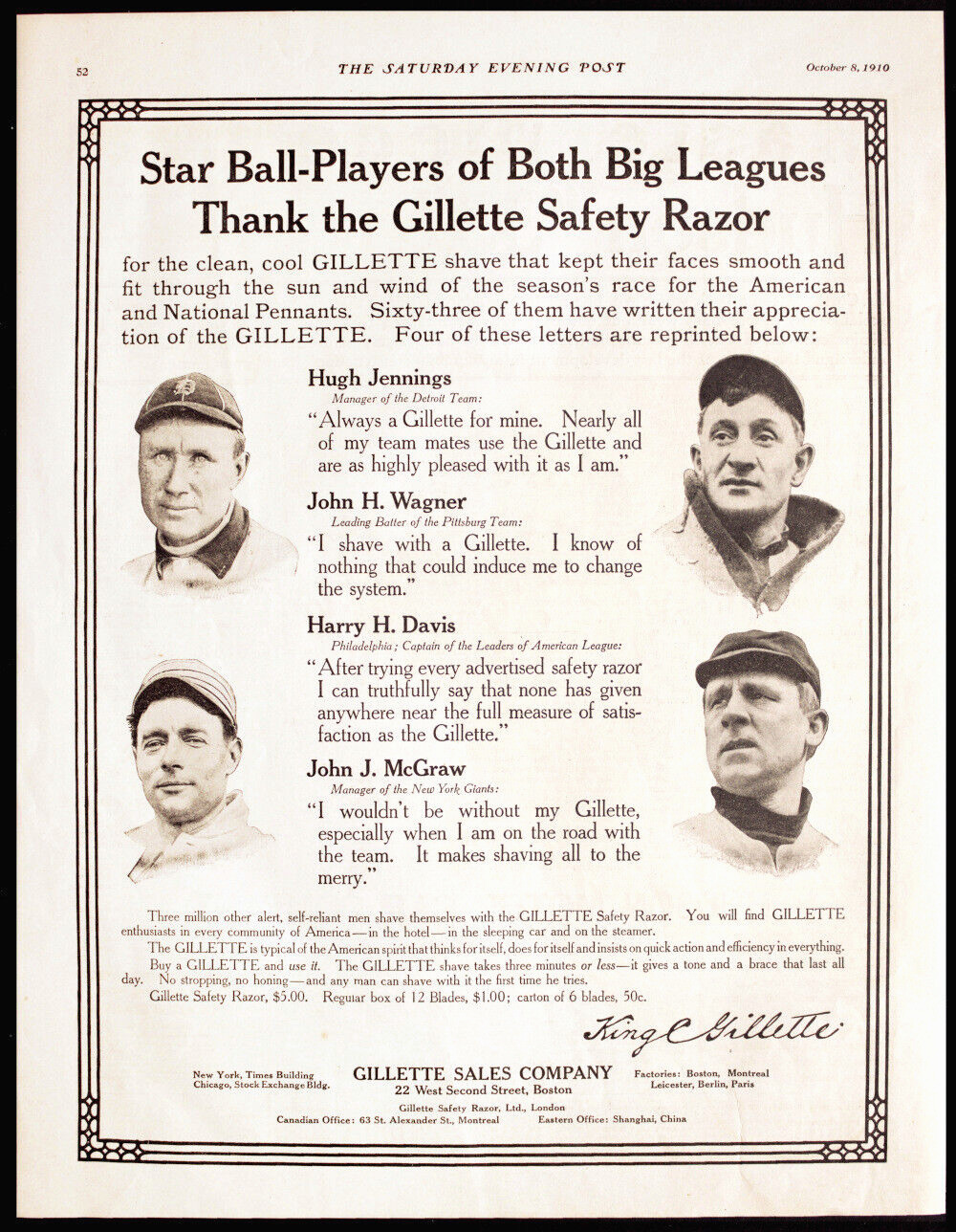 1910 GILLETTE AD Baseball Stars Hugh JENNINGS, Honus WAGNER, H. DAVIS, J. MCGRAW