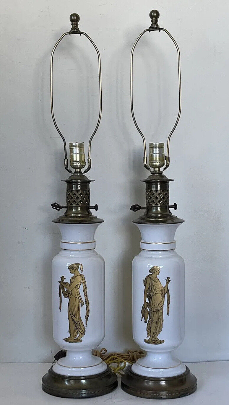 FINE ANTIQUE FRENCH NEO CLASSICAL OPALINE GLASS TABLE LAMPS OLD ART NOUVEAU 1950