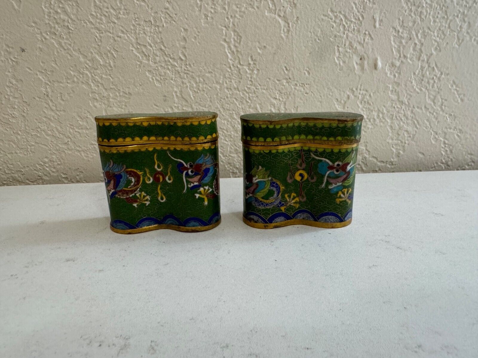 Chinese Pair of Small Green Cloisonne Unusual Shape Boxes w/ Dragons Design