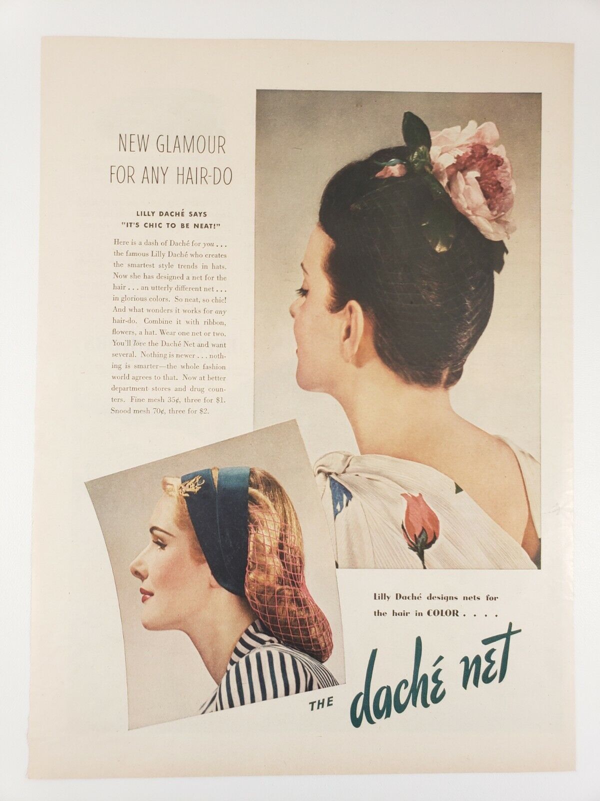 PRINT AD Vintage 1944 Fashion  Lilly Dache Hair Net Glamour 1940\'s Pin Up Girl