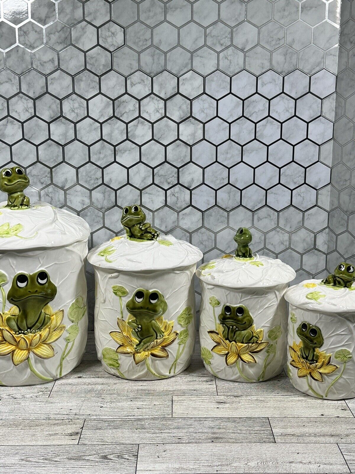 🐸🌿Vintage 1976 Sears Roebuck NEIL The FROG 4 Piece Kitchen Canister Set