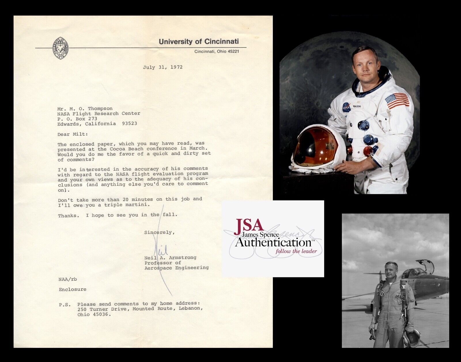 NEIL ARMSTRONG Typed Letter Signed NASA Apollo 11 Autographed Milt Thompson 1972