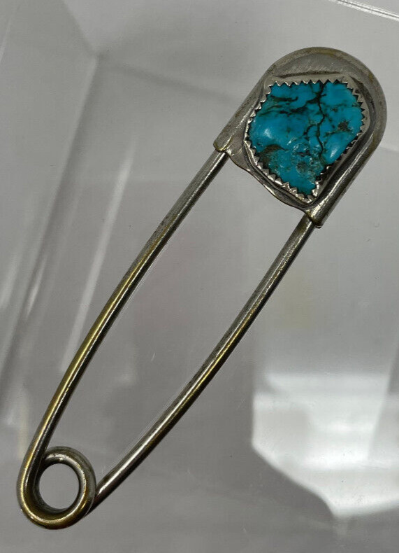 Native American Large Safety Pin with Bisbee (?) Turquoise