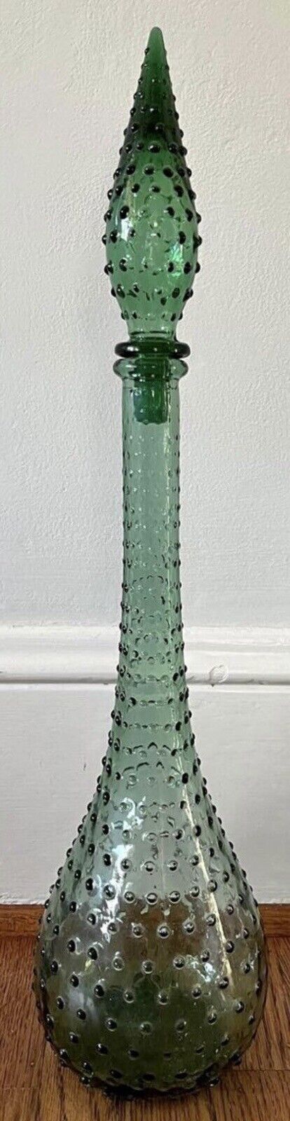 Vintage 1960s Green Hobnail Glass Decanter Genie Bottle W/ Stopper 22.5” MCM