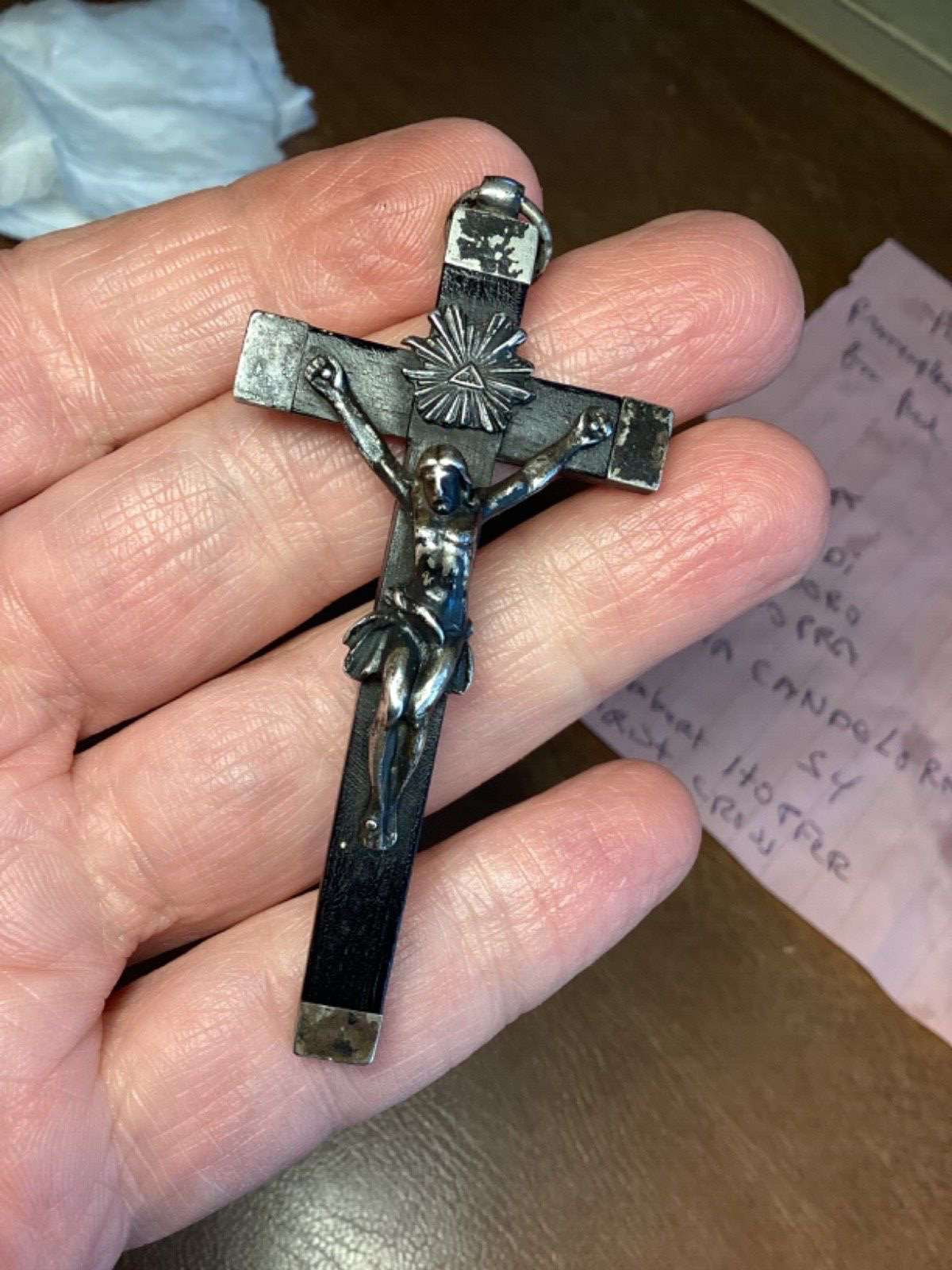 Antique Crucifix Sterling French Silver Ebony Cross Inscribed 1842