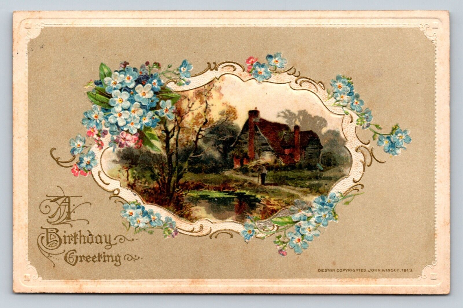 c1915 Lovely Country Home by Pond Framed with Blue Flowers ANTIQUE Postcard 1043