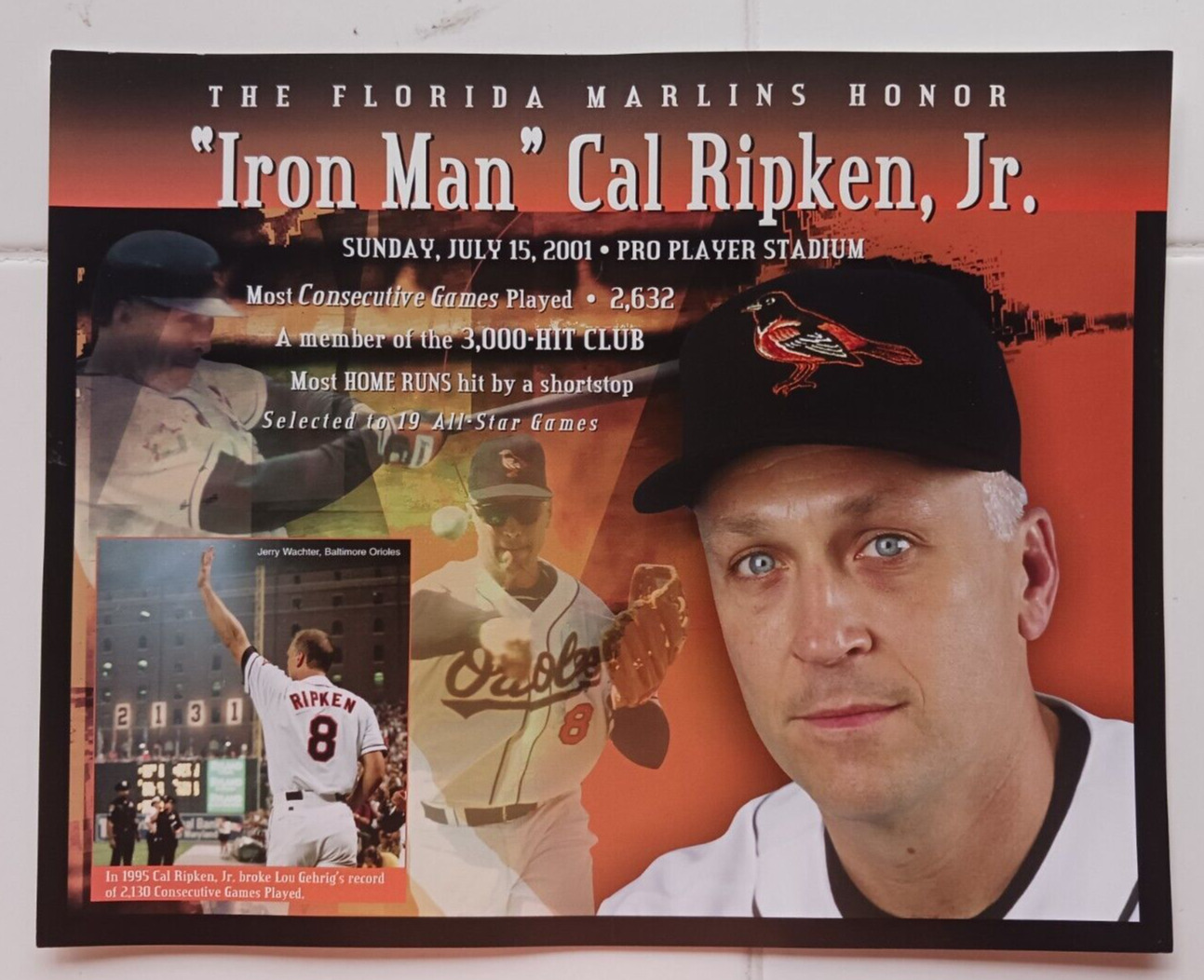 Cal Ripken Baltimore Orioles Florida Marlins Honor Ripken Placard 2001
