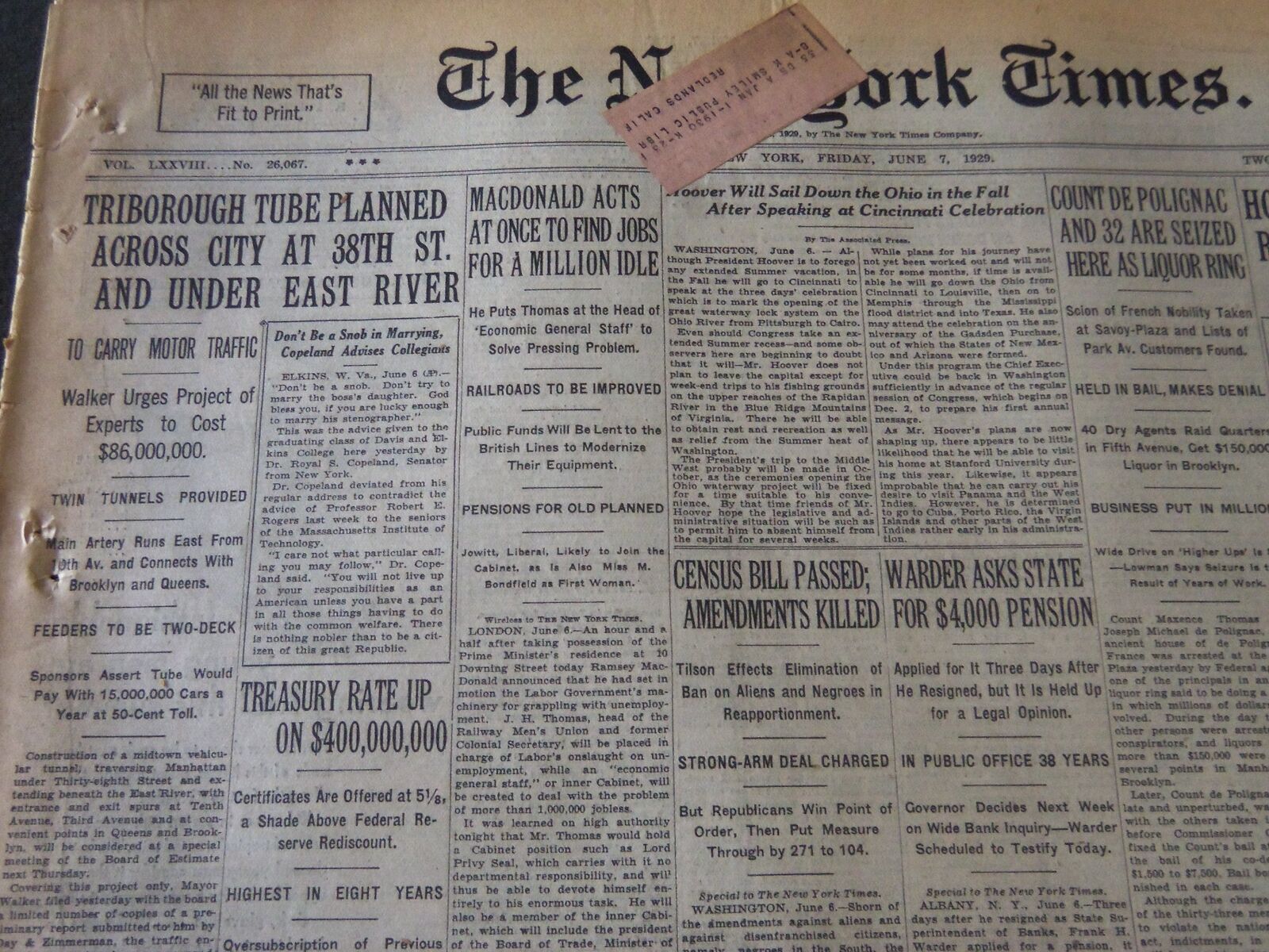 1929 JUNE 7 NEW YORK TIMES - TRIBOROUGH TUBE PLANNED UNDER EAST RIVER - NT 6573