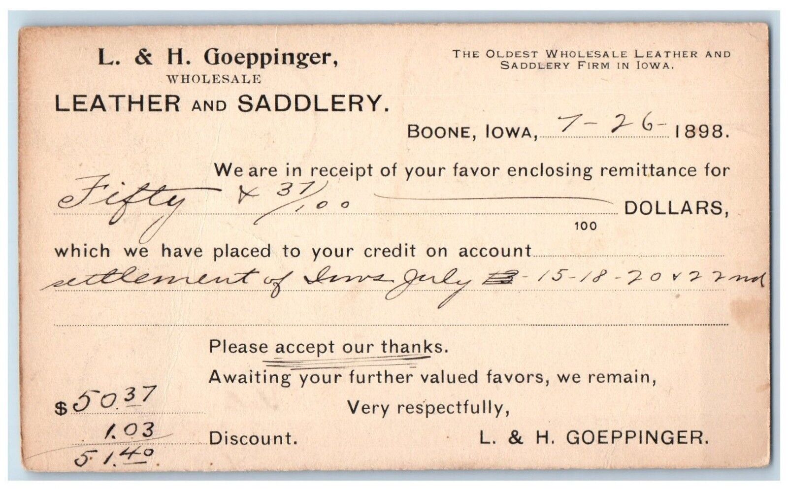 1898 L & H Goeppinger Leather and Saddlery Boone Iowa IA Postal Card