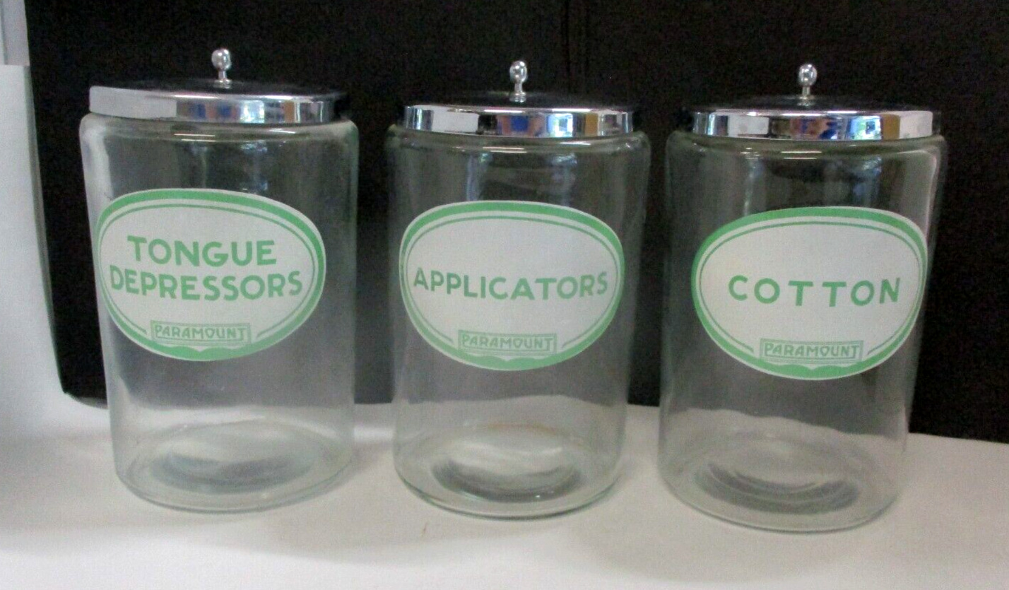 3 VTG Paramount Medical Office Glass Jar Dispensers Cotton Applicators Etc