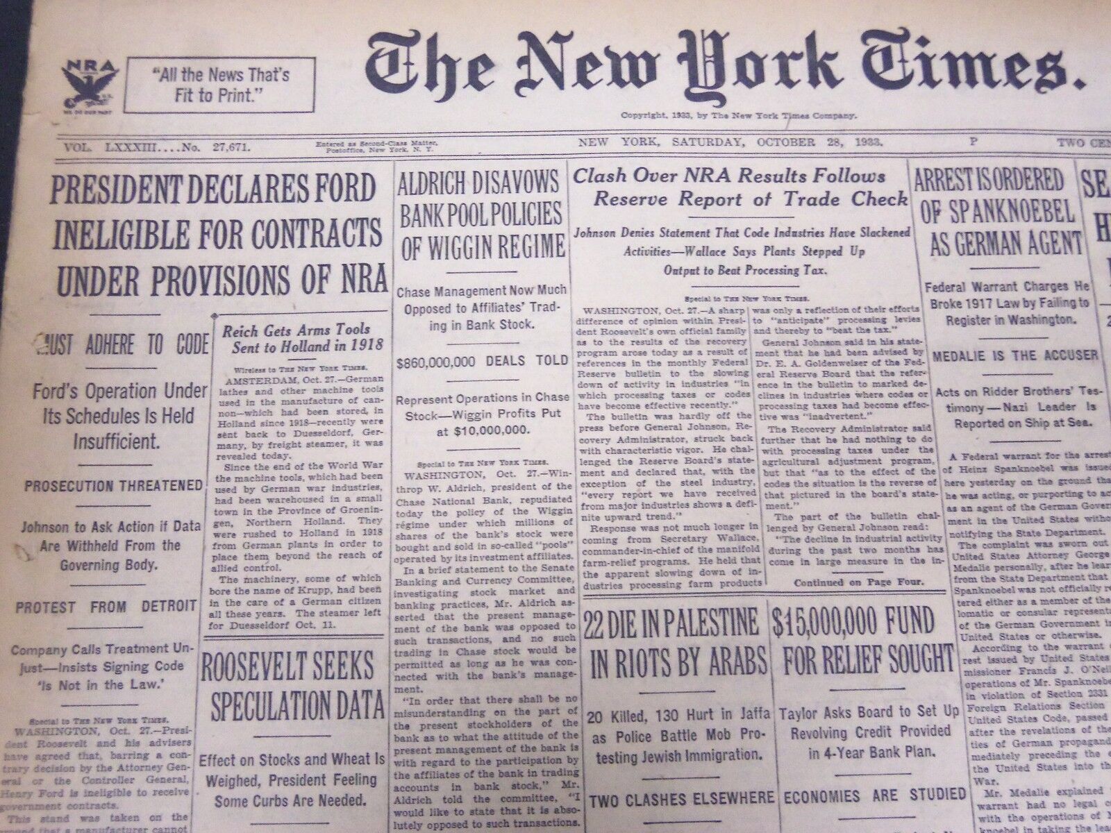 1933 OCTOBER 28 NEW YORK TIMES - PRESIDENT DECLARES FORD INELIGIBLE - NT 5231