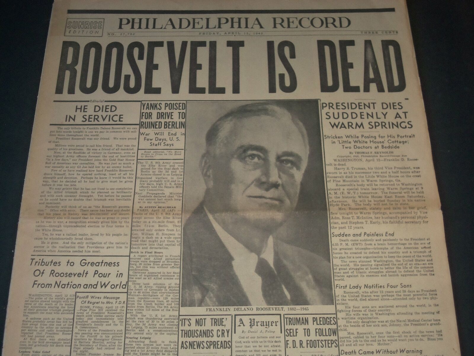 1945 APRIL 13 PHILADELPHIA RECORD NEWSPAPER - ROOSEVELT IS DEAD - NT 7330