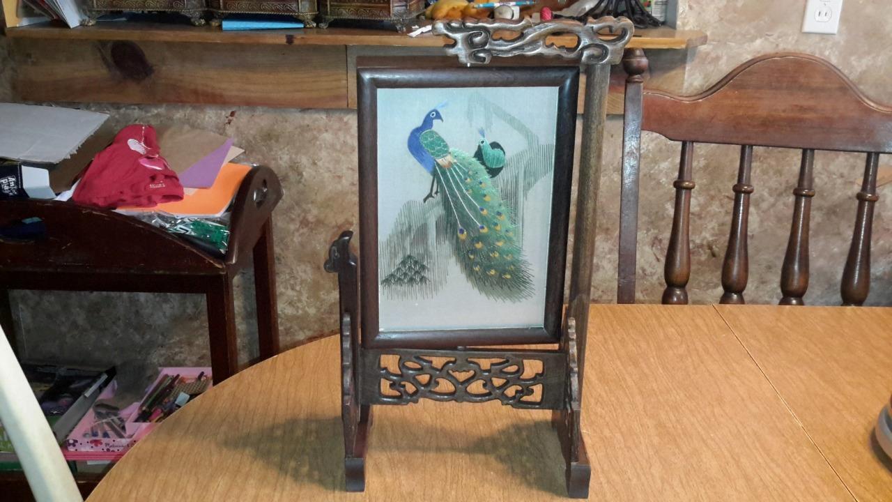 PEACOCK ON SILK IN ROSEWOOD FRAME WITH STAND 07-P