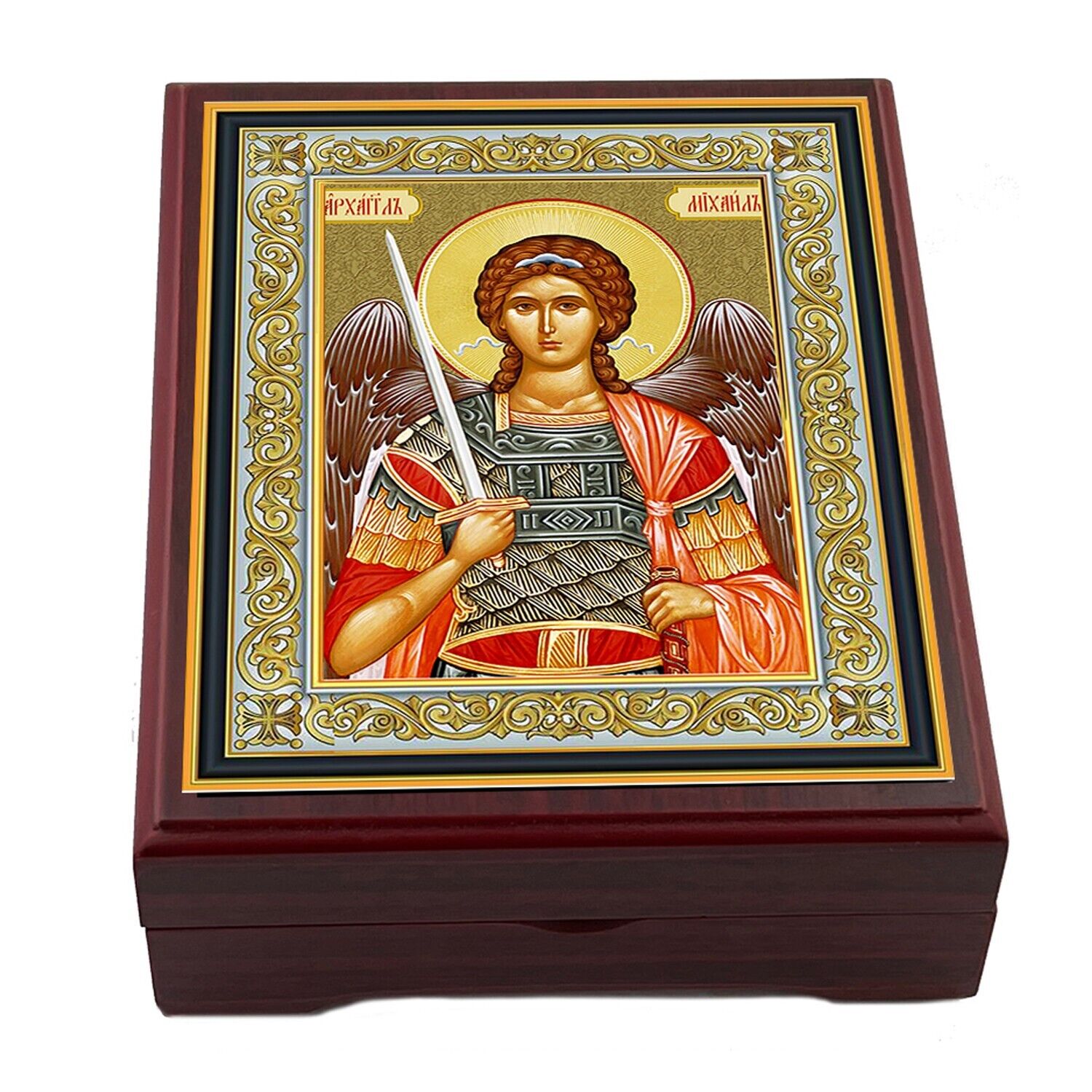 Rosary Box St Saint Michael Icon Wooden 5 Inch, Religious Gift for Man, Woman