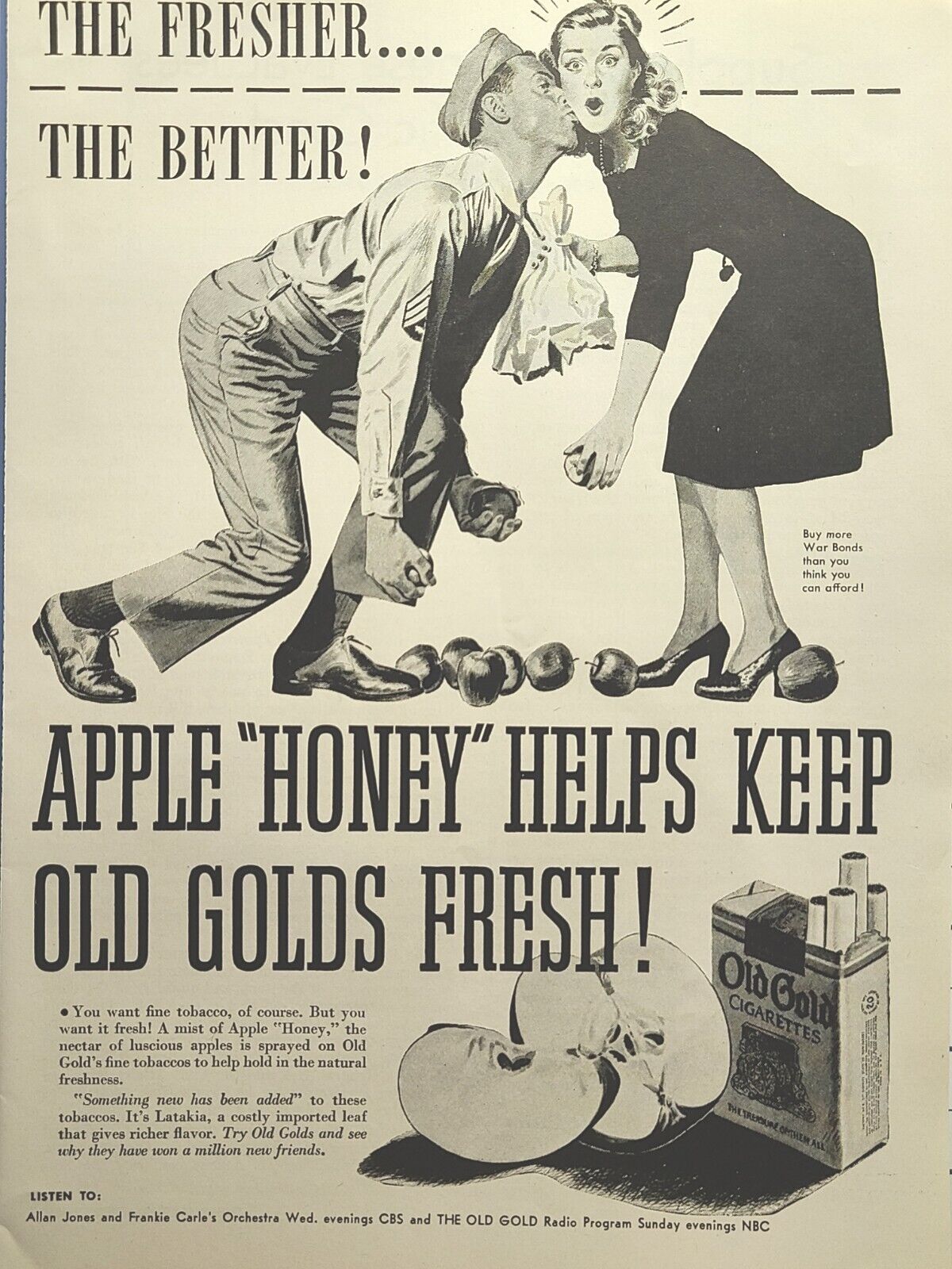 Old Gold Cigarettes Fresh Apple Honey Sergeant Kisses Lady Vintage Print Ad 1944