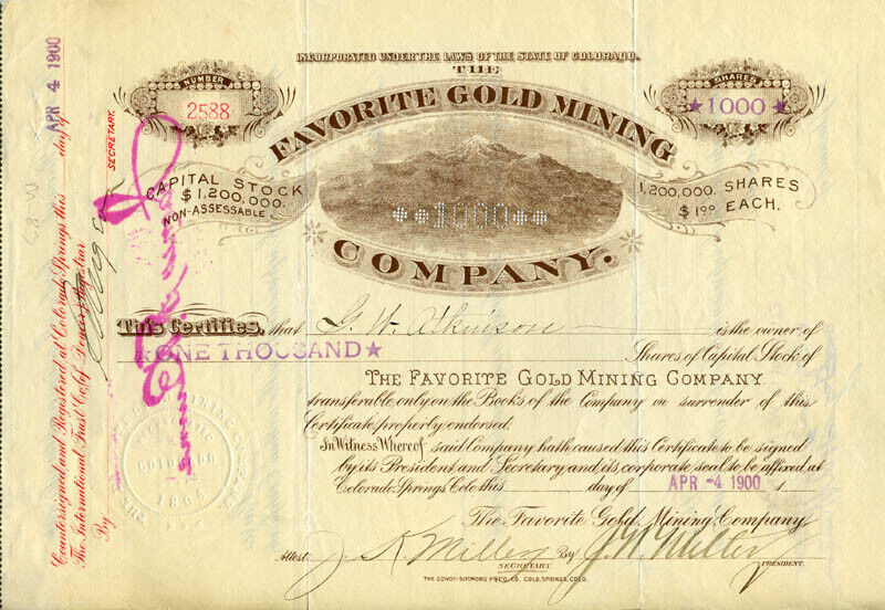 J. W. MILLER - STOCK CERTIFICATE SIGNED 04/04/1900 CO-SIGNED BY: J. K. MILLER