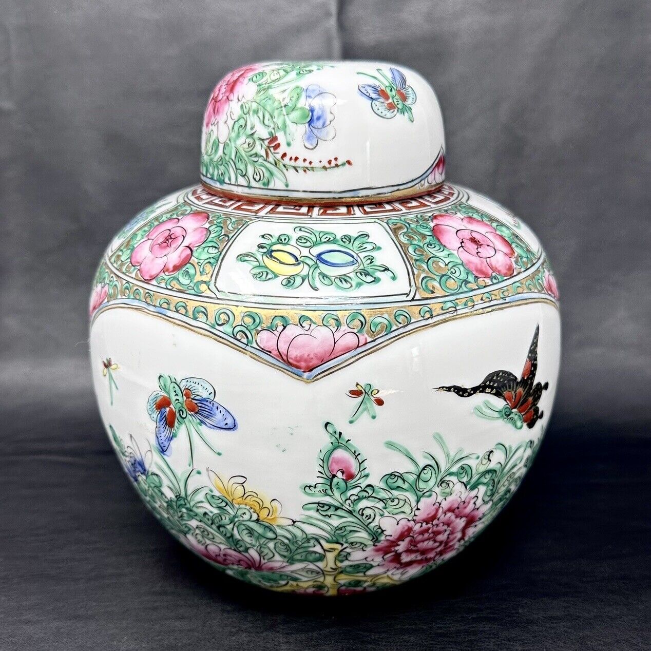 Famille Rose Ginger Jar Double Panel Bone China Asian Hand-painted Bird VTG 7.5\
