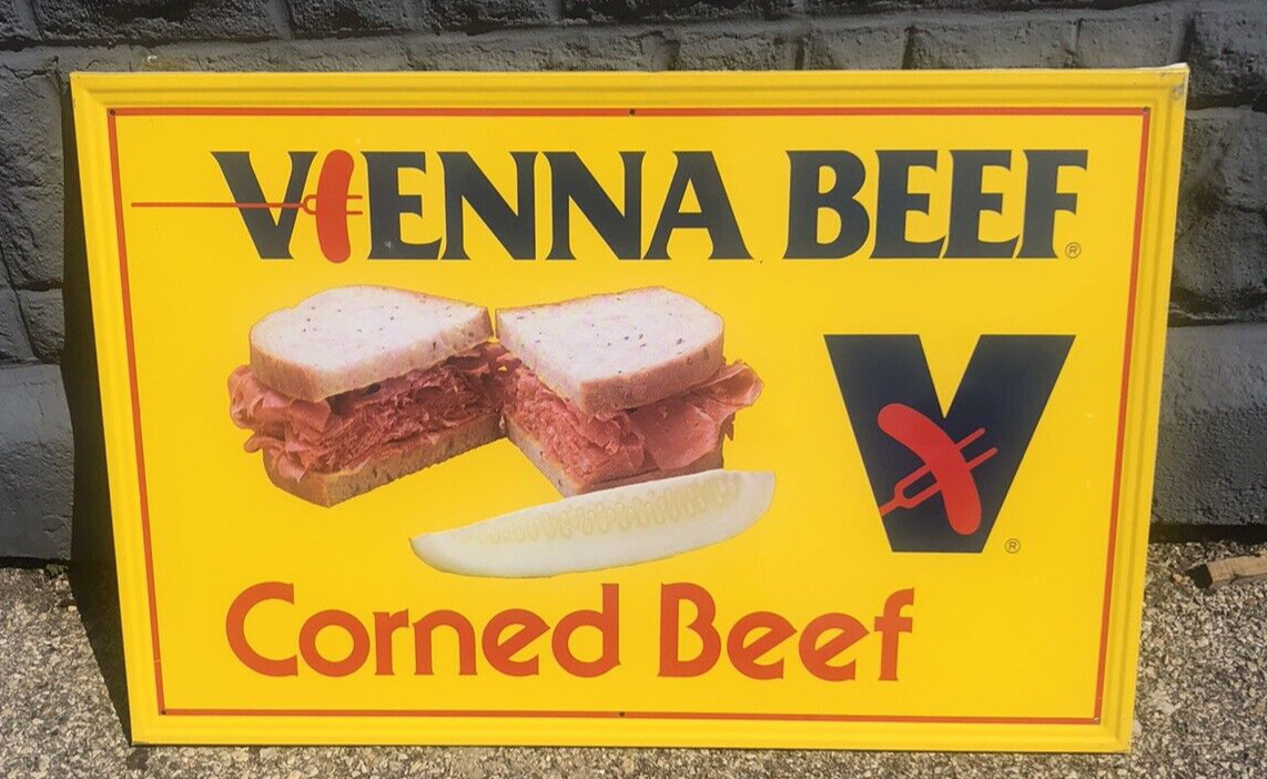 NOS Vienna Vintage Sausage Metal Tin Sign 23x35 Advertising Chicago Corned Beef