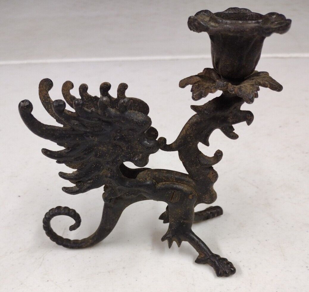 Antique Cast Iron Gothic Griffin Candle Holder Dragon Gargoyle