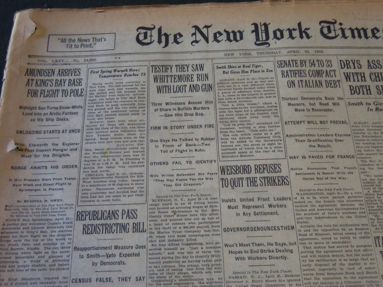 1926 APRIL 22 NEW YORK TIMES - AMUNDSEN ARRIVES AT KING\'S BAY BASE - NT 5582