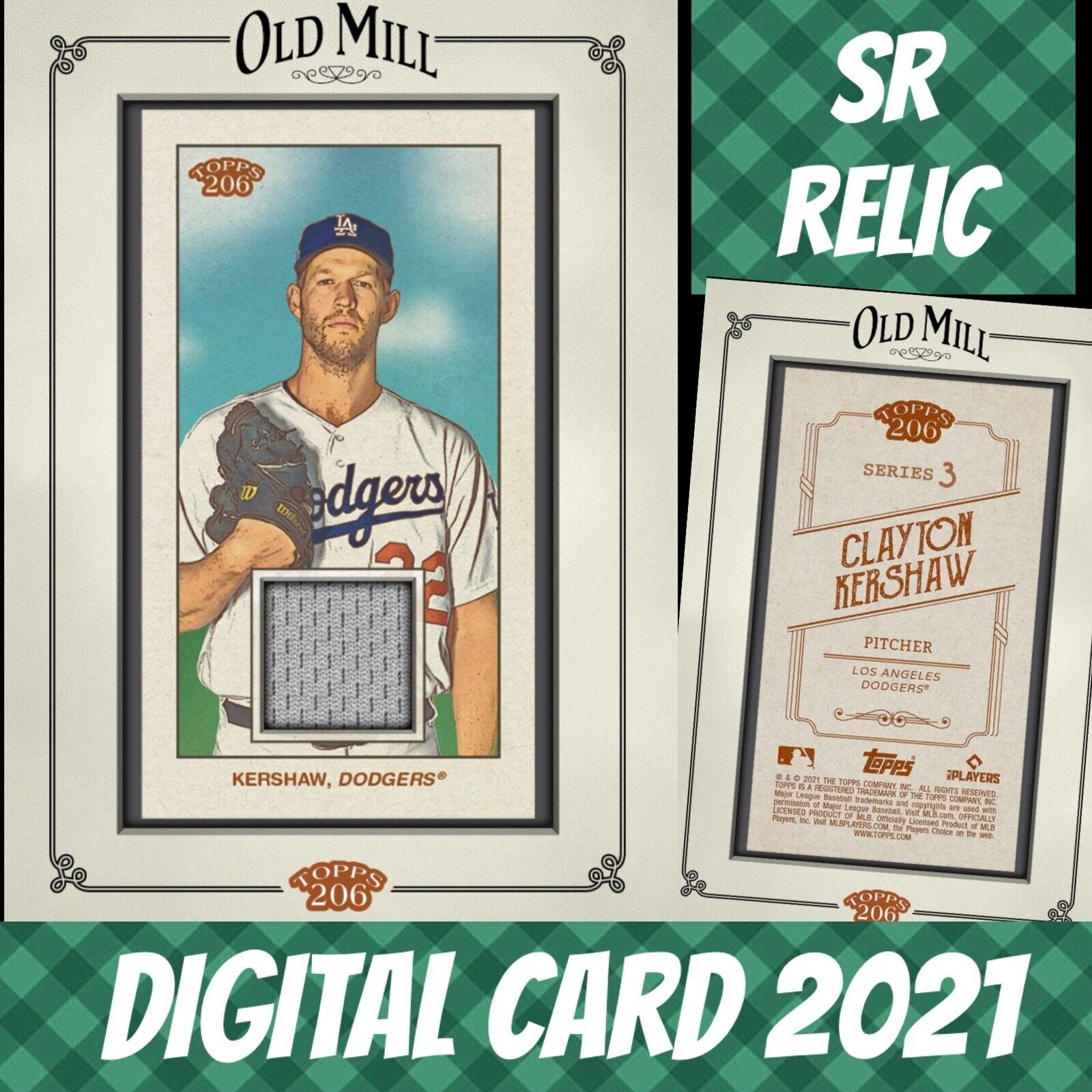 2021 Topps Colorful 21 Clayton Kershaw Topps 206 S/3 Framed Relic Digital Card