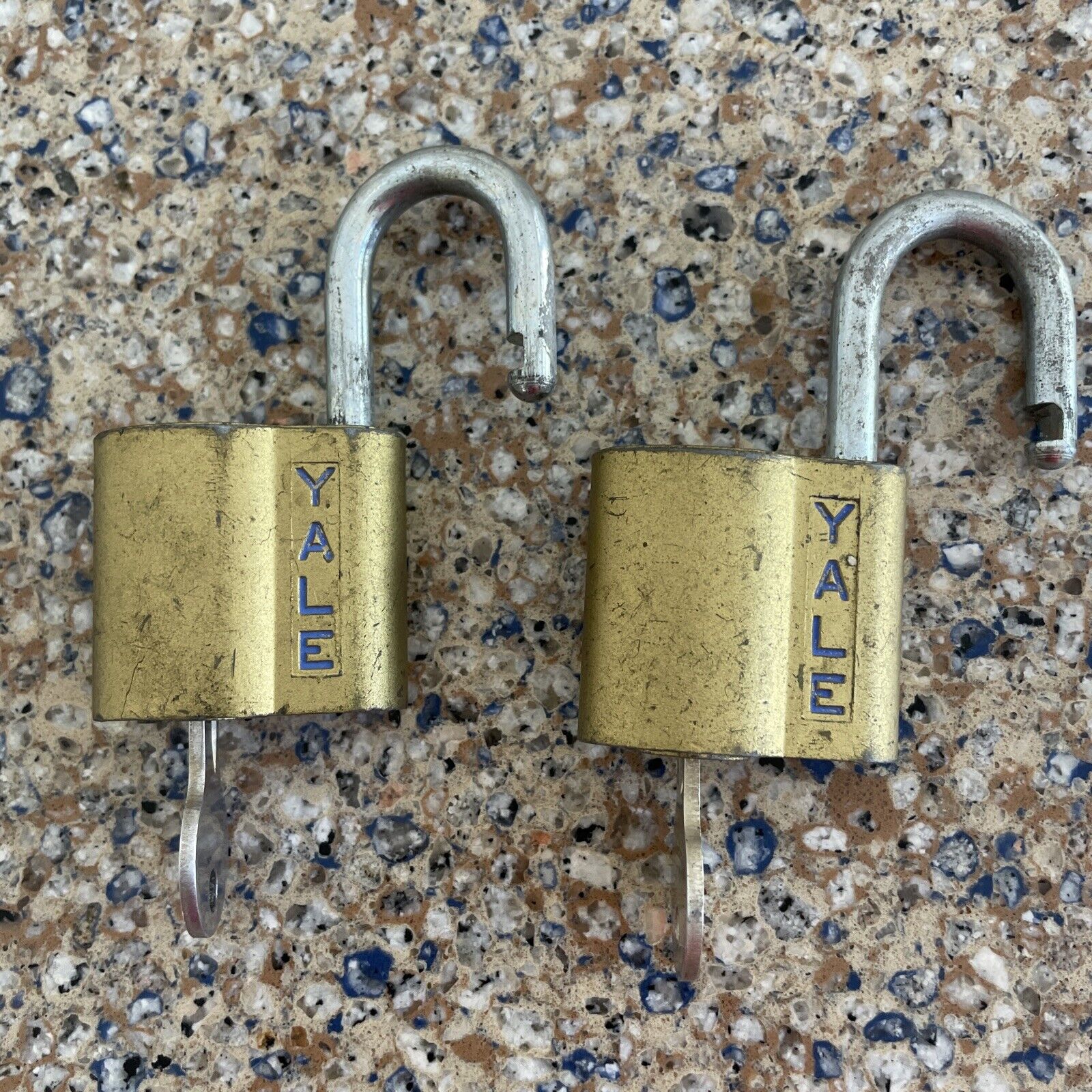 Vintage Yale Lock Gold Tone with Blue Letters and Working Key USA Lot Of 2