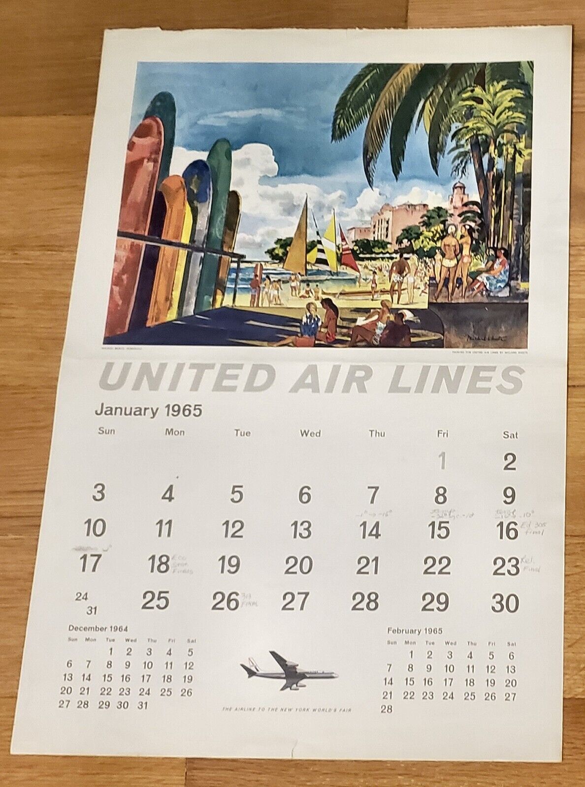 Jan 1965 Mid-Century UNITED AIRLINES Calendar w/ Stunning Millard Sheets Print
