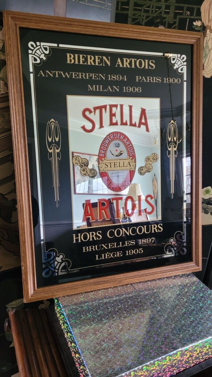 Vintage Stella Artois Beer Mirrored Bar Sign Framed Large 26.5” x 20” Ship Dsct