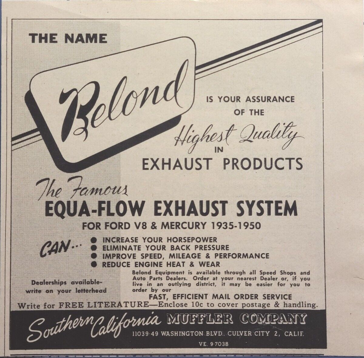 Southern California Muffler Company Culver City Belond Vintage Print Ad 1950
