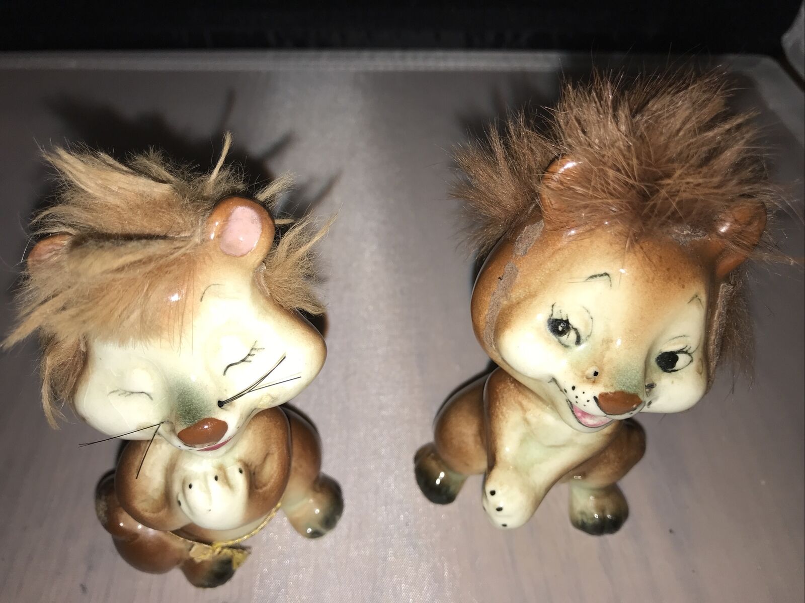 Vintage Ceramic Furry Lion Figurines From Japan Set Of Two Slightly Chipped