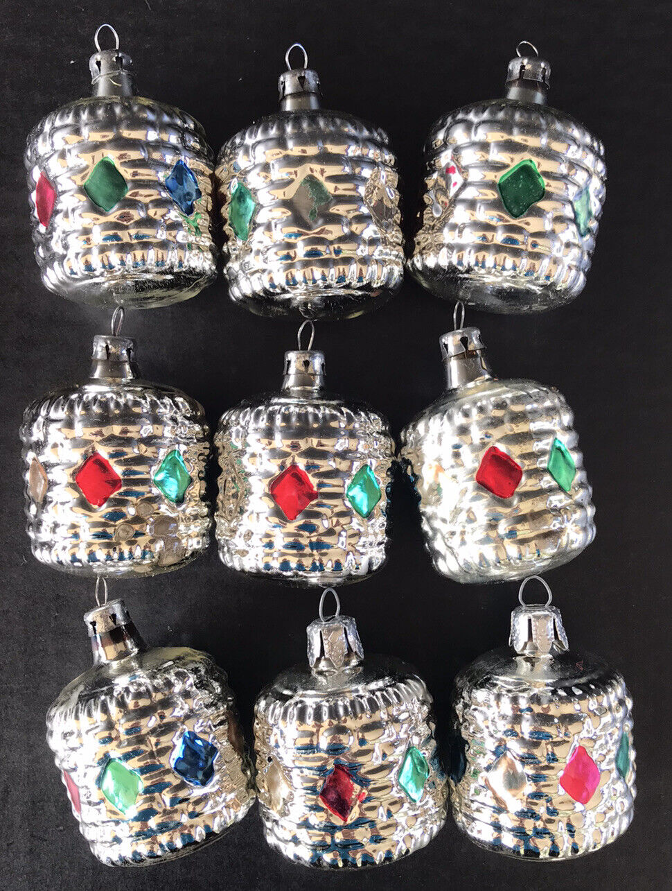 Vintage Christmas Ornaments Lanterns Silver Mercury Glass Poland With Box (9)