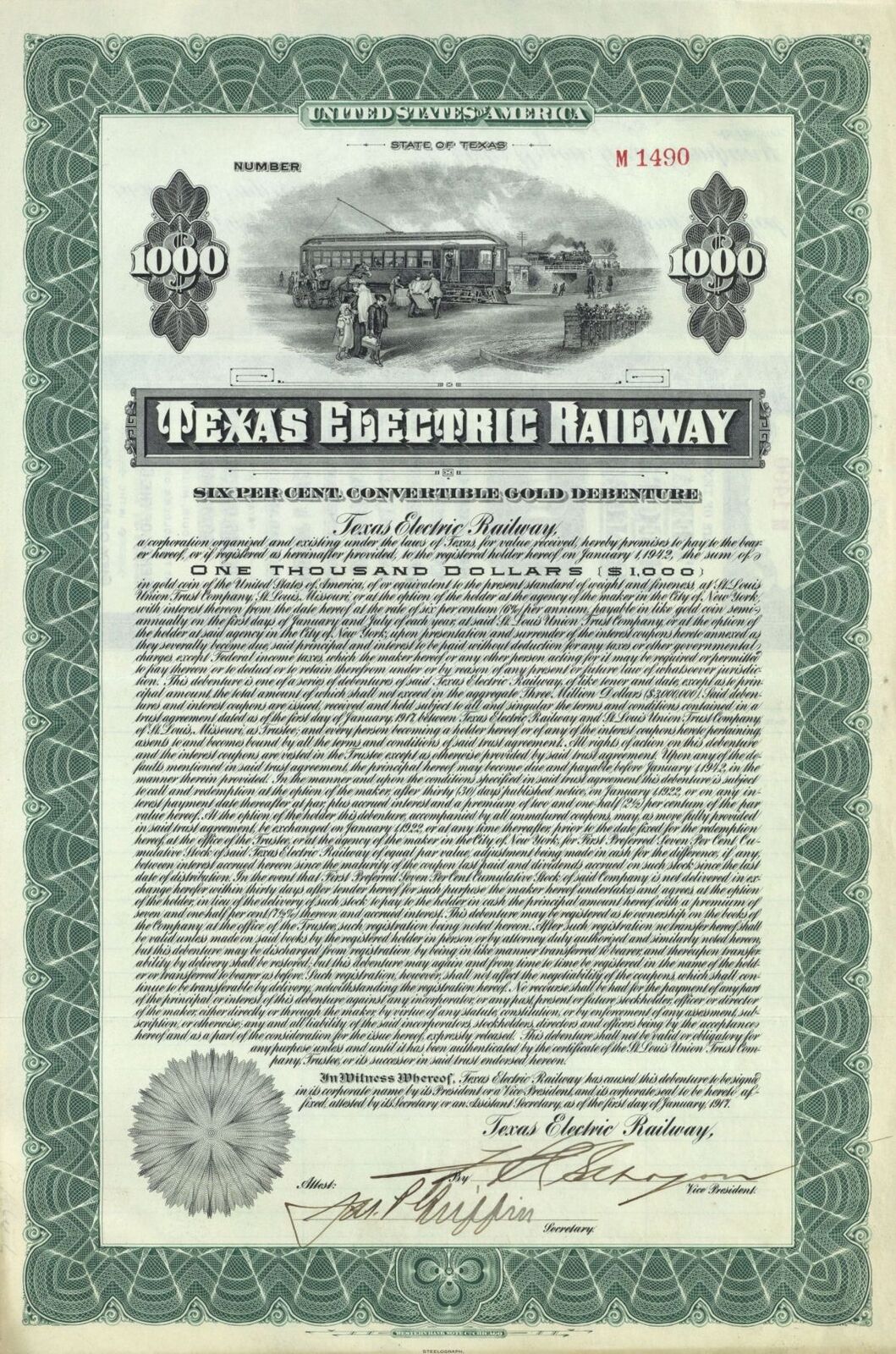 Texas Electric Railway - 1917 dated $1,000 Uncanceled Railroad Gold Bond - Railr