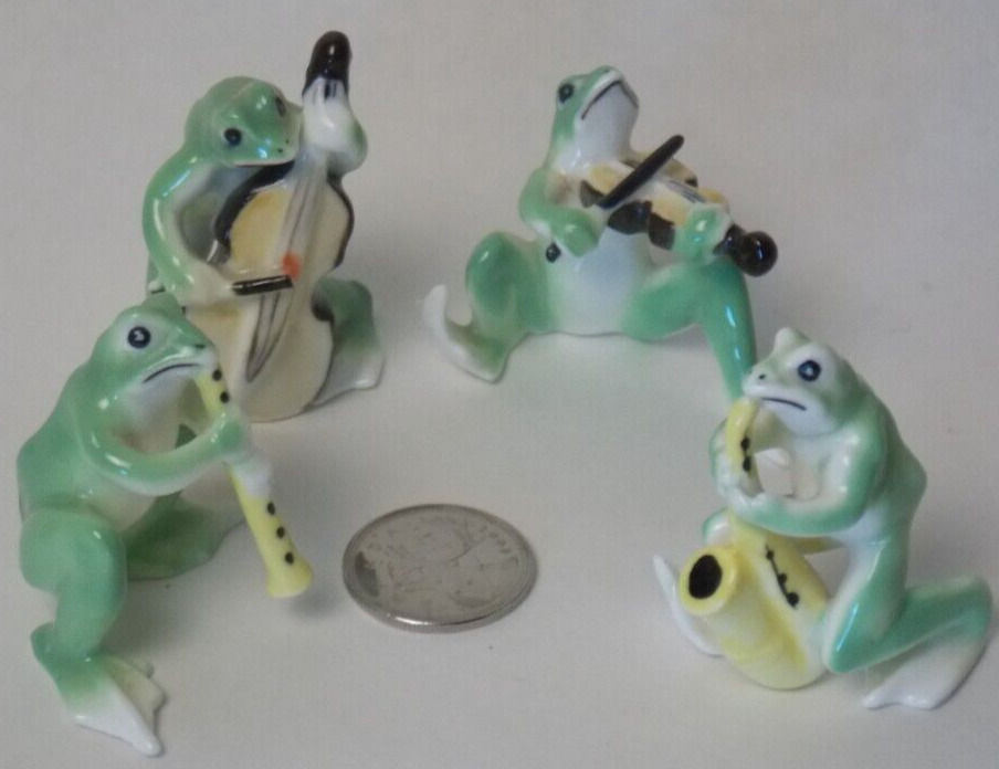 Frog Musical Jazz Quartet Bone China Four Miniature Figurine Set Japan Pre-owned