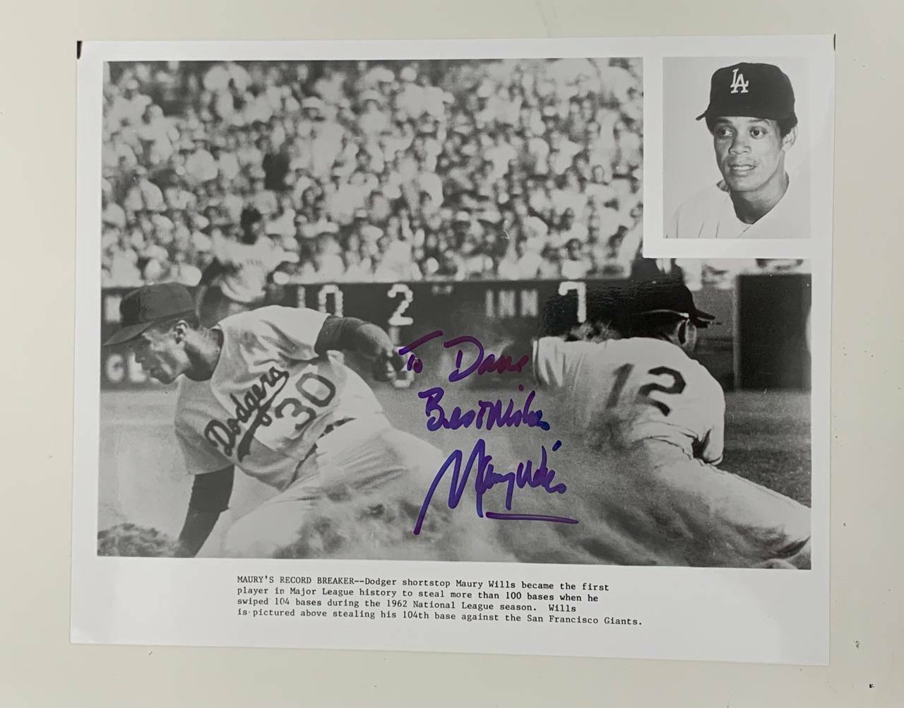 Maury Wills Autographed 8x10 Photo *Personalized LA Dodgers Legend