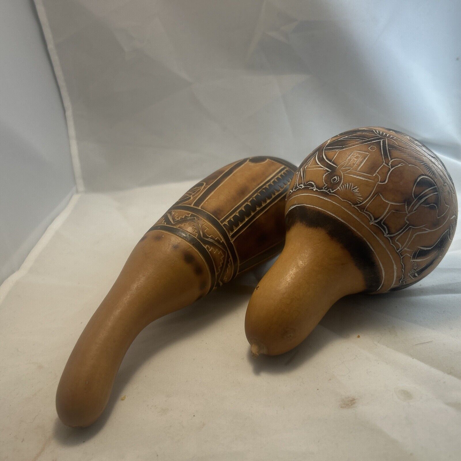 Vintage Panama Hand Carved Gourd Maracas Latin American Rattles Set Of 2 EUC