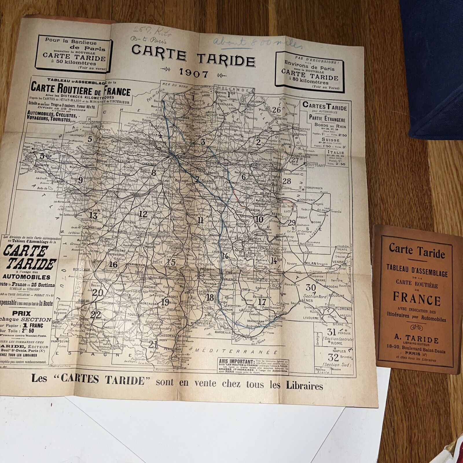 Carte Taride Routière de France Map: Tableau D’Assemblage - Antique 1907