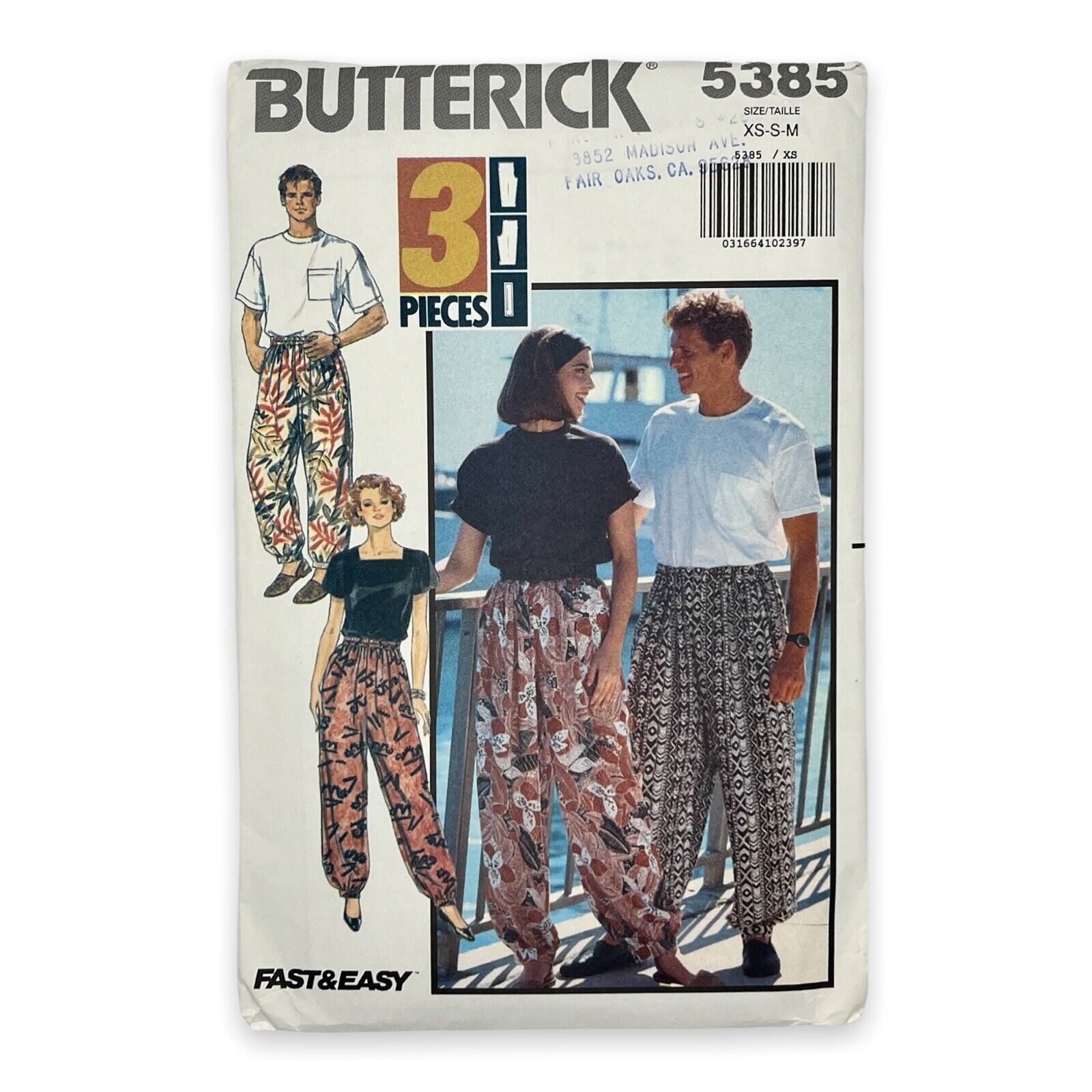 Vintage 1990s Butterick Sewing Pattern 5385 XS - S - M Women Men Pants Joggers