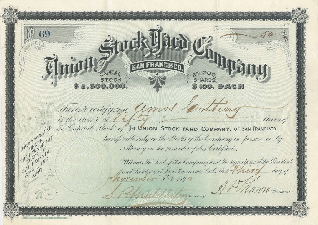 Union Stock Yard Co. of San Francisco - Stock Certificate - Agricultural Stocks 