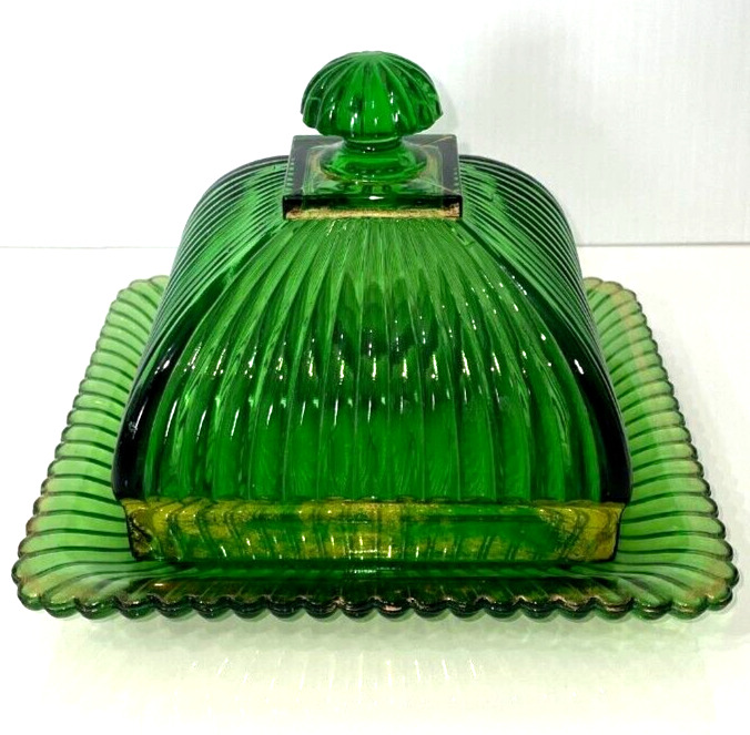 Antique Butter Dish & LId c1899 EAPG US Glass New York Green Rib Gold Accent JCS
