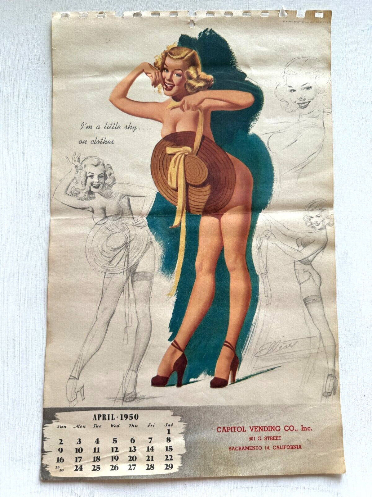 April 1950 Pinup Girl Calendar Page by Elliott- A Little Shy on Clothes