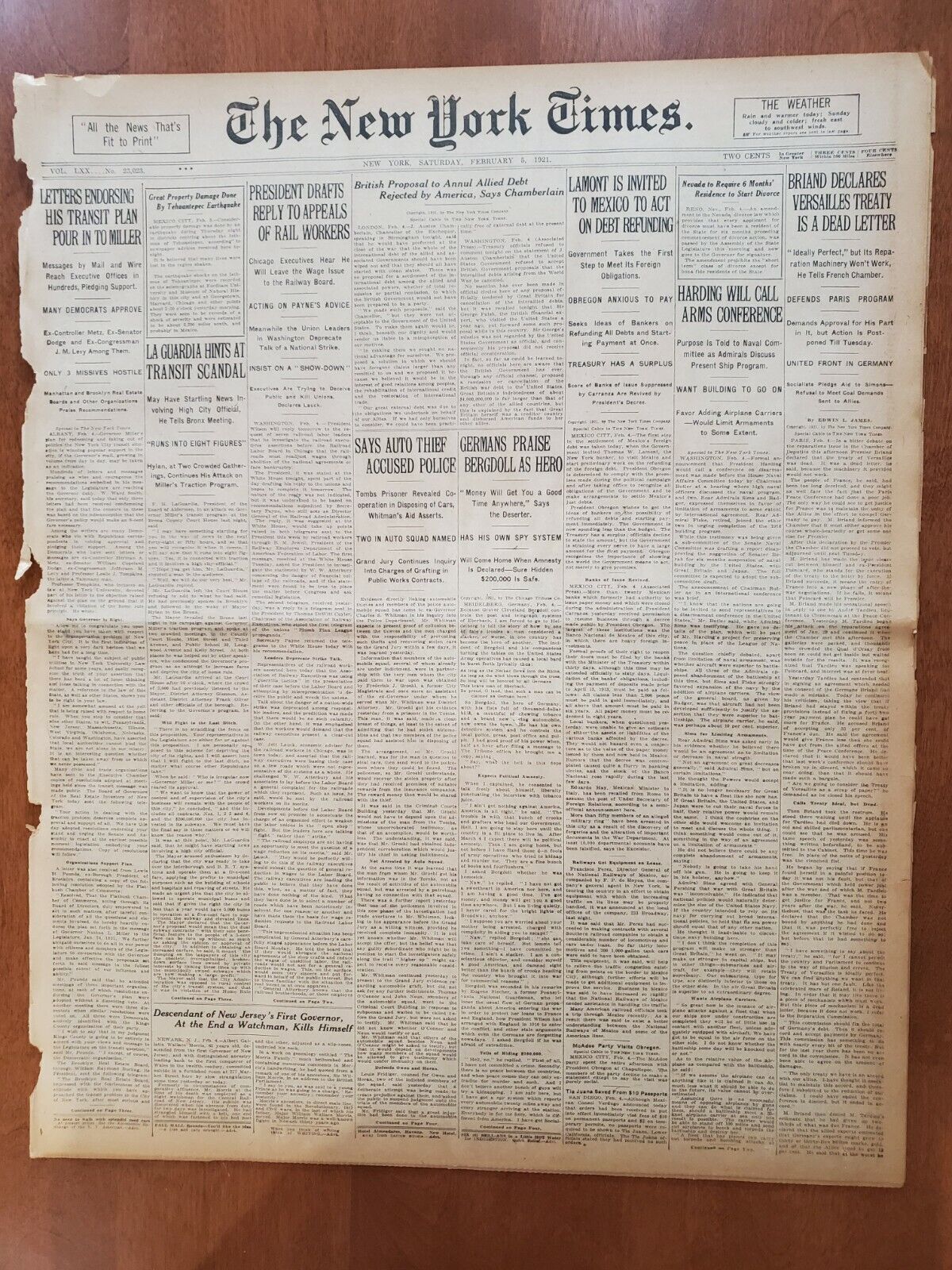 1921 FEBRUARY 5 NEW YORK TIMES - LAGUARDIA HINTS AT TRANSIT SCANDAL - NT 8114