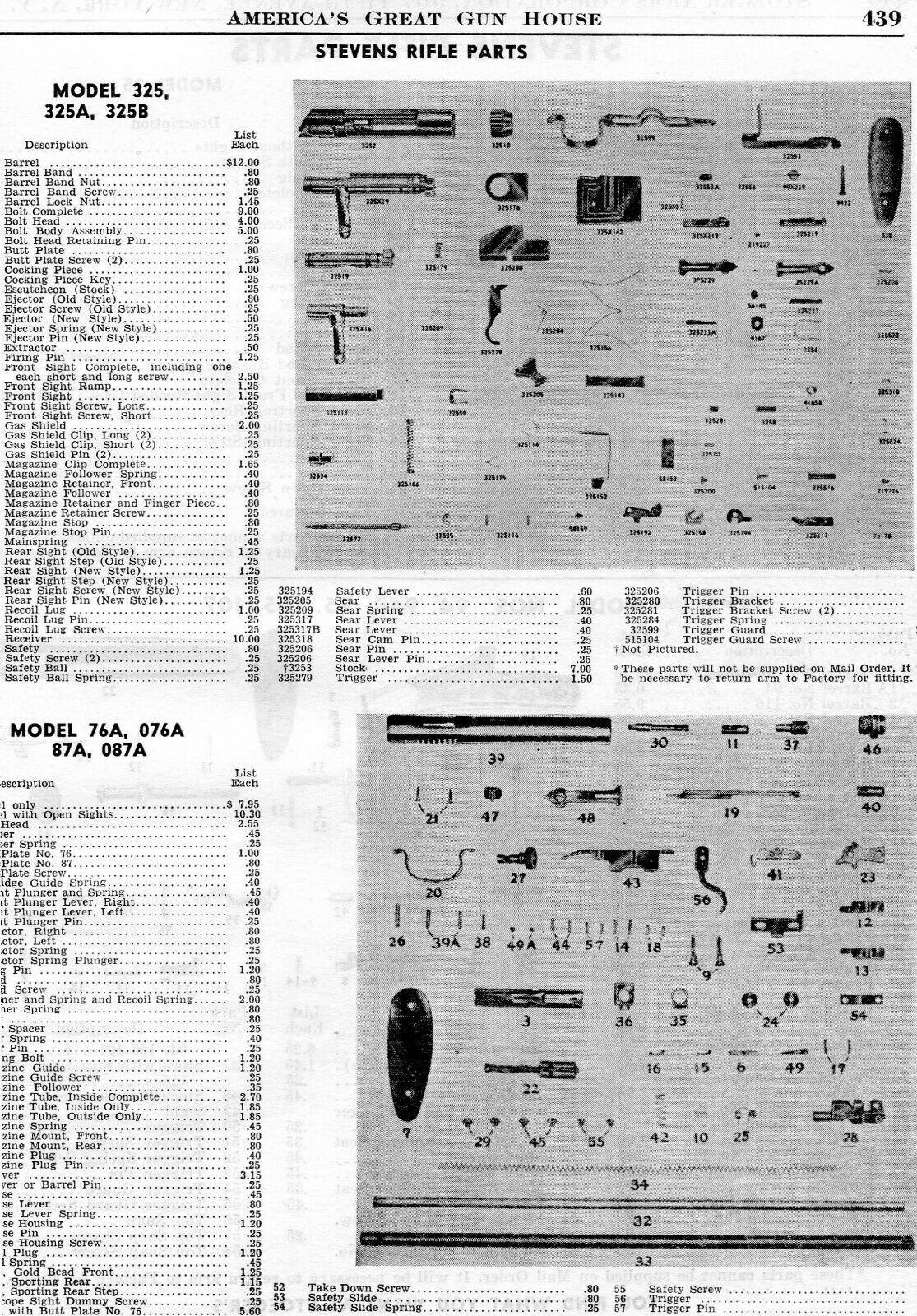 1950 Print Ad of Stevens Model 325 325A 325B 76A 076A 87A 087A Rifle Parts List