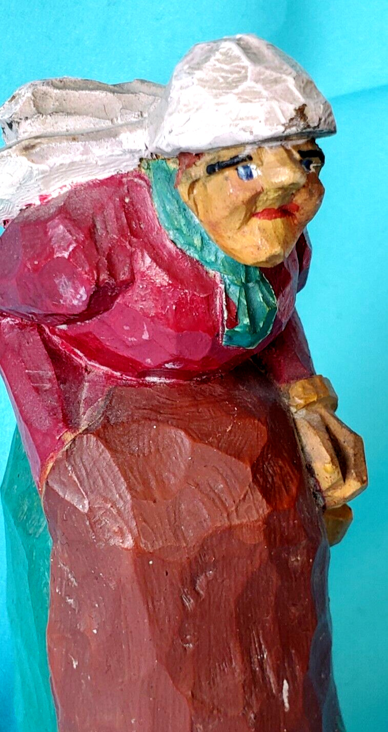VTG. CARL JOHAN TRYGG-STYLE CARVED WOOD FIGURE - OLD WOMAN IN APRON (NOT SIGNED)