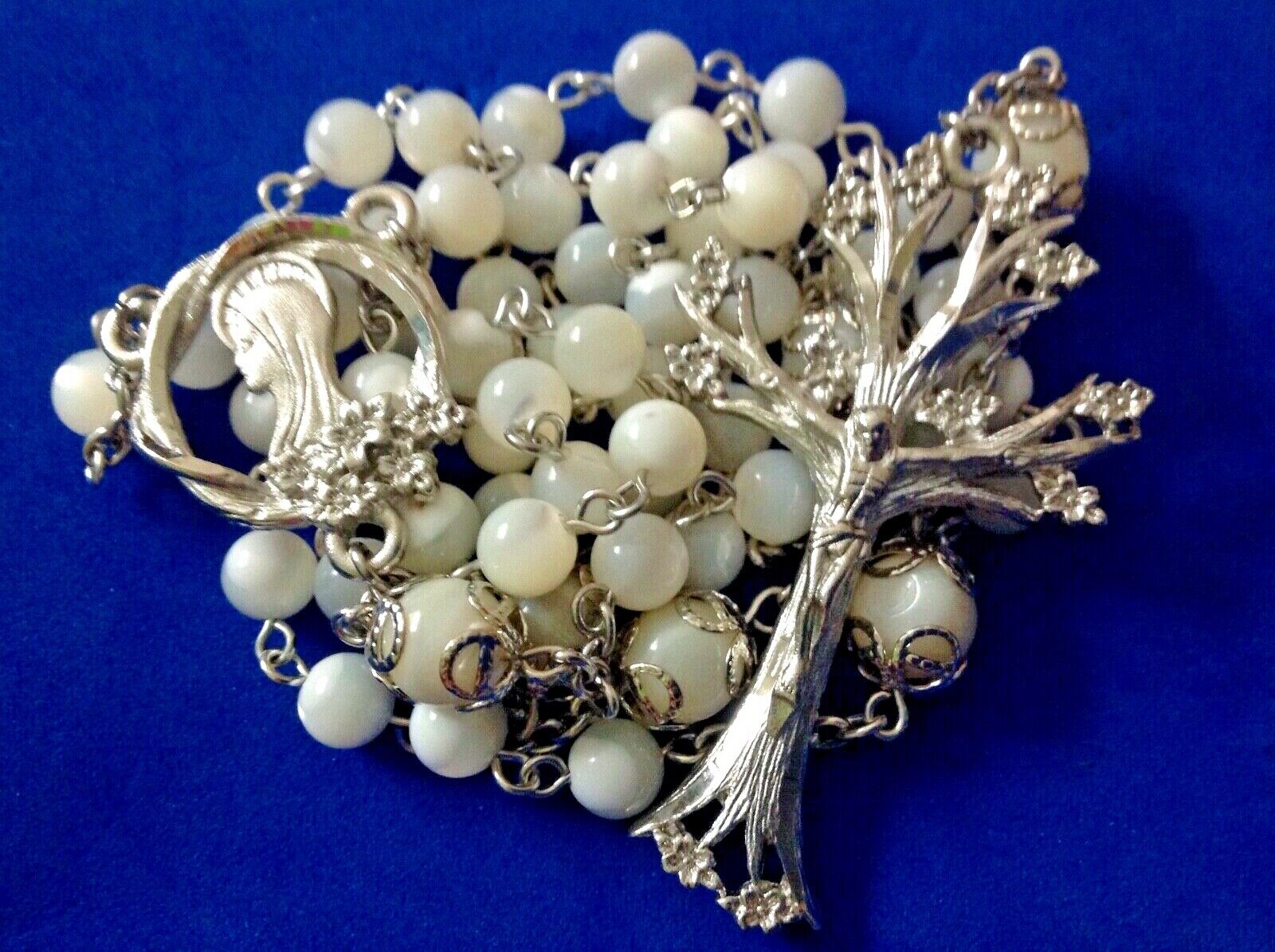 Custom Mother of Pearl Rosary Rhodium Pl Diamond Cut Dogwood Tree Handmade 6-8mm