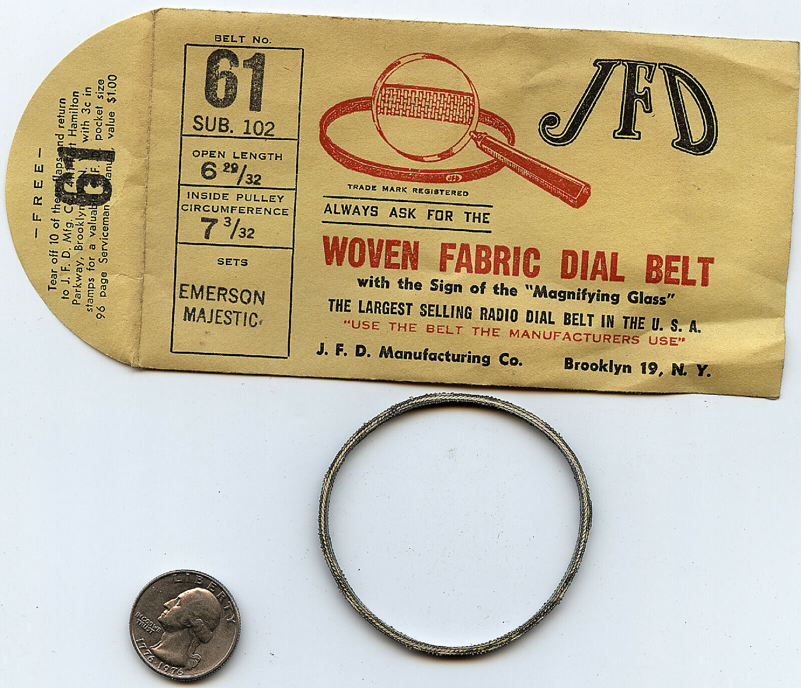 NOS MAJESTIC EMERSON Radio Tuning Dial Belt JFD #61 NOS Fabric Cord Woven Fabric