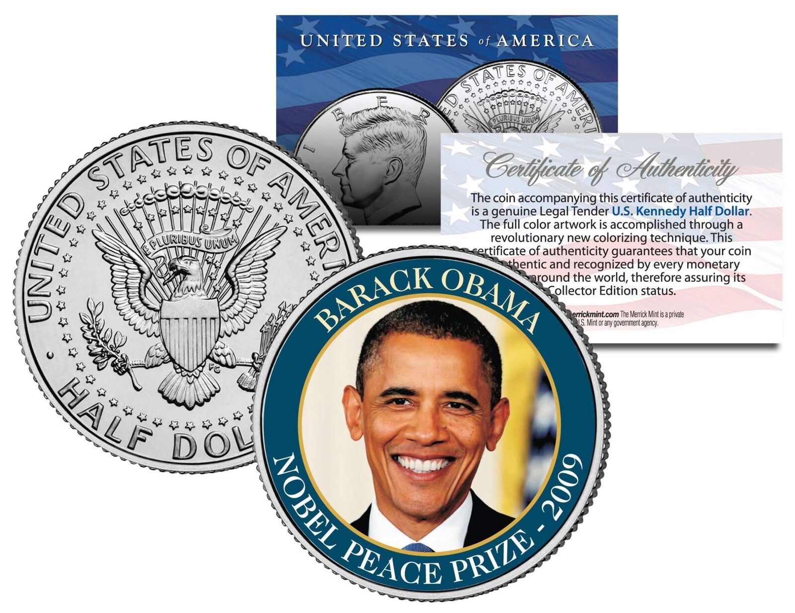 BARACK OBAMA * 2009 NOBEL PEACE PRIZE * Colorized JFK Half Dollar U.S. Coin