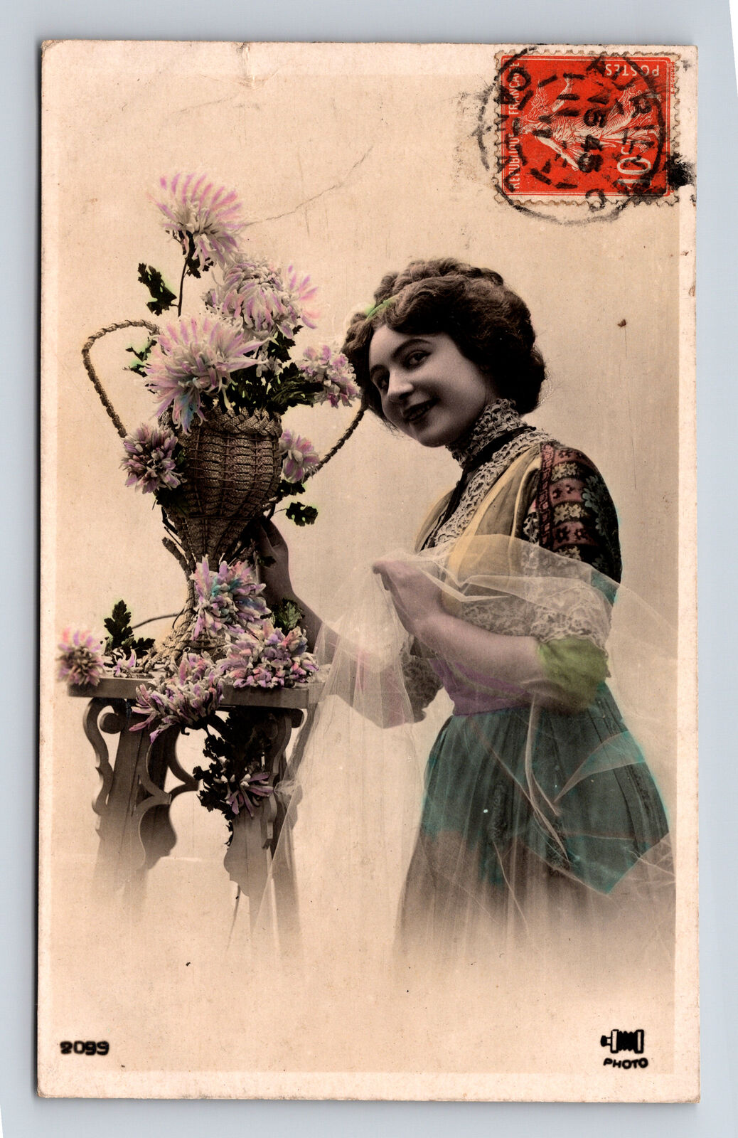 c1911 RPPC Beautiful French Woman Chrysanthemum Flowers Hand Colored Postcard