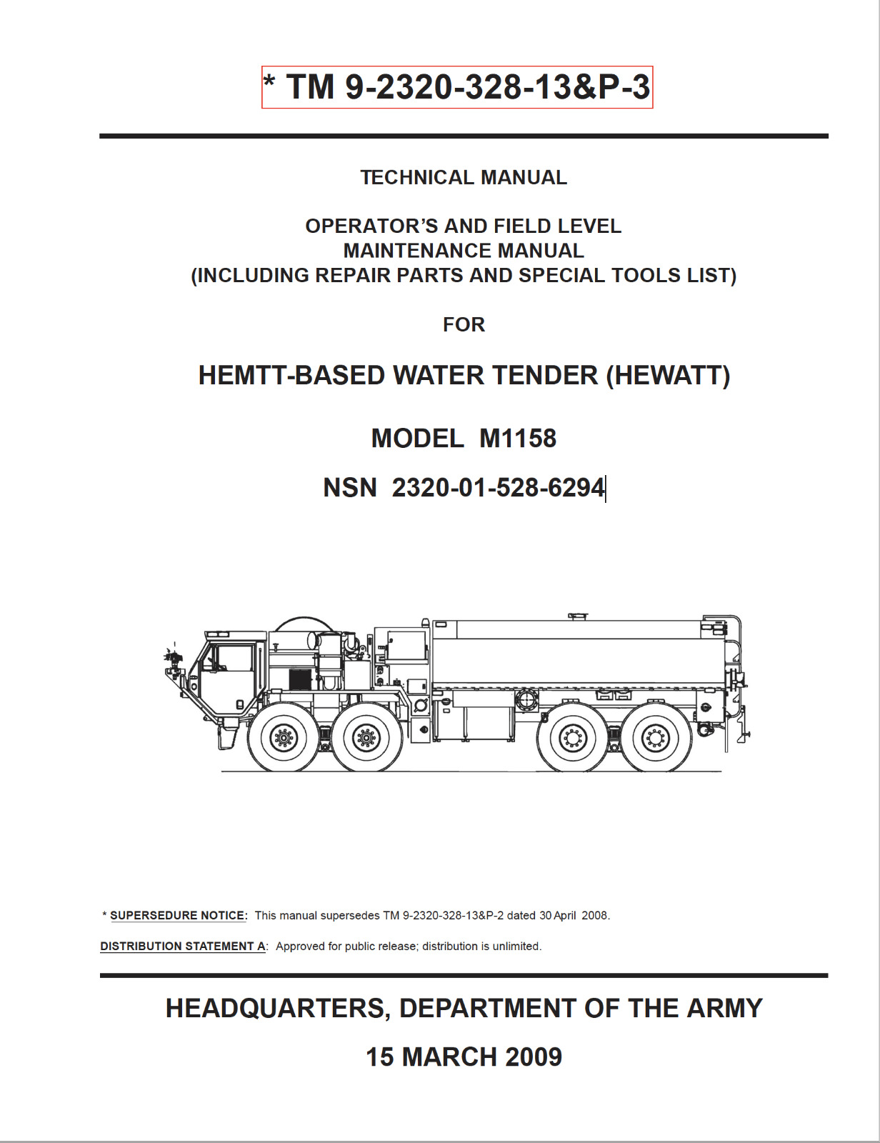 844 page 2012 TM 9-2320-328-13&P-3 M1158 WATER TENDER HEWATT Truck Manual on CD