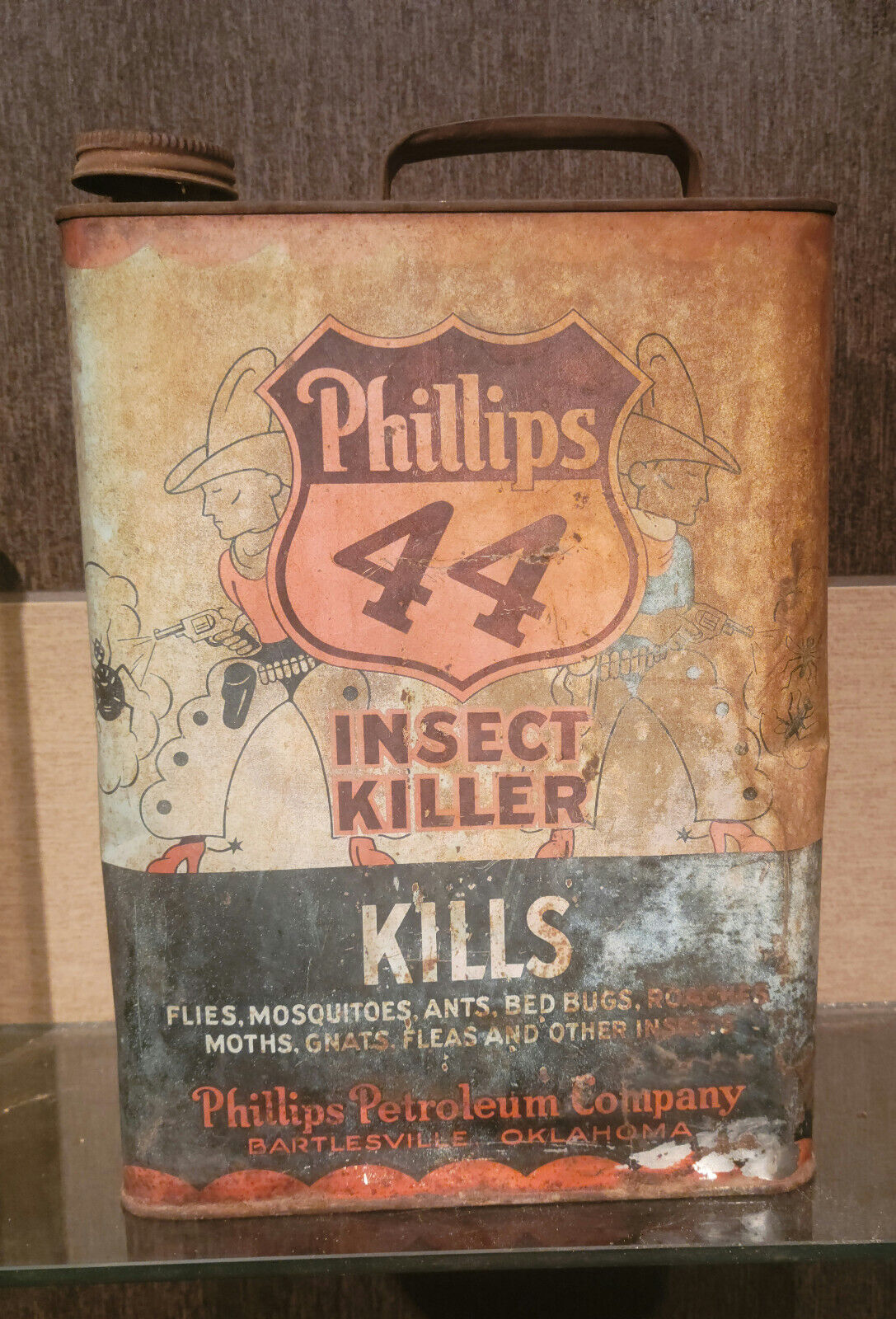 1930/40s VINTAGE PHILLIPS 44 / 66 INSECT KILLER TIN CAN BARTLESVILLE OKLAHOMA