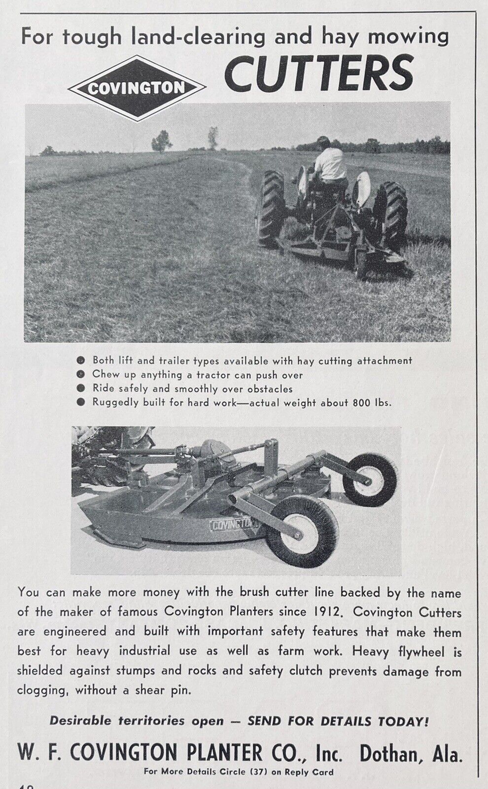 1962 AD.(XG8)~W.F. COVINGTON PLANTER CO. DOTHAN, ALA. LAND CLEARING CUTTERS